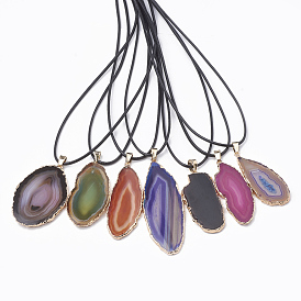 Dyed Natural Brazilian Agate Pendant Necklaces, with Leather Cord and Brass Iron Findings, Nugget, Platinum & Golden
