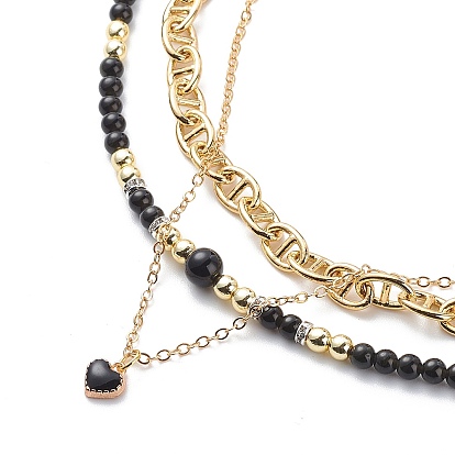 3Pcs 3 Style Natural Obsidian & Synthetic Hematite Beaded Necklaces Set, Alloy Enamel Heart Pendant Necklace, Brass Link Chain Jewelry for Women