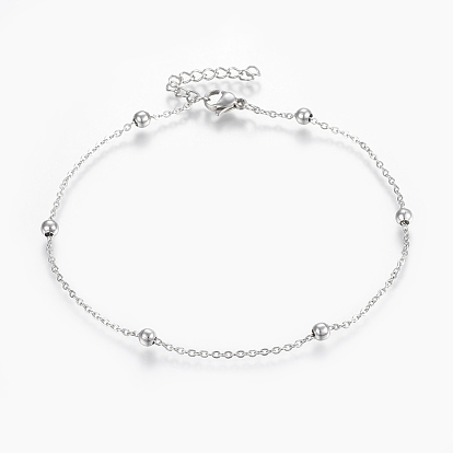 304 Stainless Steel Anklets, with Lobster Claw Clasps, Round Beads and Cable Chains