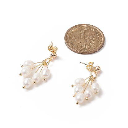 Natural Pearl Beaded Cluster Earrings, Brass Dangle Stud Earrings for Women