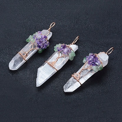 Natural Quartz Crystal and Mix Gemstone Big Pointed Pendants, with Brass Findings, Bullet, Rose Gold
