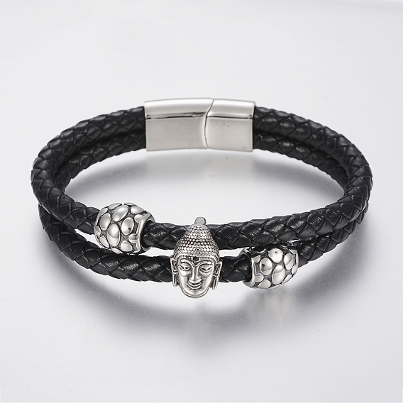 Corde tressée en cuir bracelets multi-brins, avec 304 trouvailles de perles en acier inoxydable et fermoirs magnétiques, Bouddha