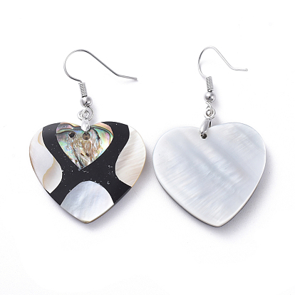 Black Lip Shell & Abalone Shell/Paua Shell Dangle Earrings, with Brass Ice Pick Pinch Bails and Earring Hooks, Heart