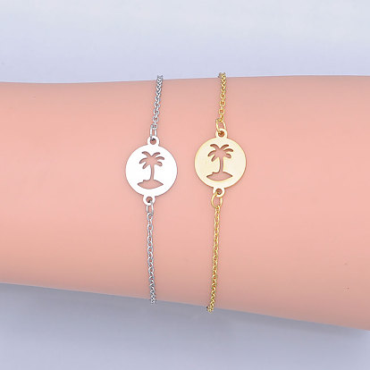 201 Stainless Steel Link Bracelets, with Lobster Claw Clasps, Coconut Tree with Flat Round