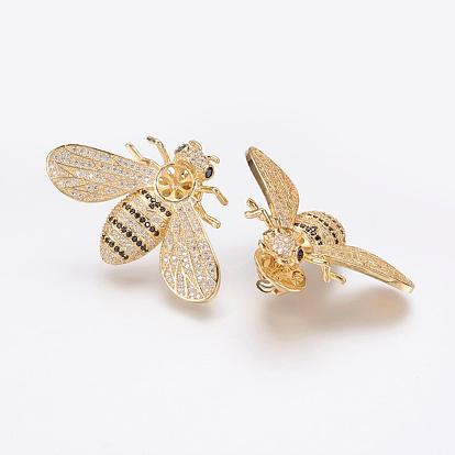 Brass Micro Pave Cubic Zirconia Lapel Pin Backs, Tie Tack Pin, Brooch Findings, For Half Drilled Beads, Bee