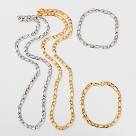 304 Stainless Steel Figaro Chain Necklaces and Bracelets Sets, with Stainless Steel Lobster Clasps, Faceted, 21.65 inch (550mm), 220mm(8-5/8 inch )