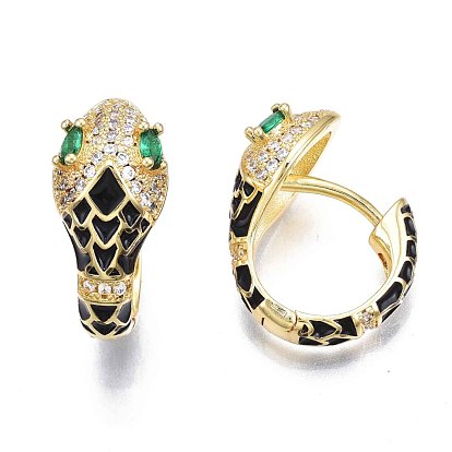 Green Cubic Zirconia Snake Huggie Hoop Earring, Real 18K Gold Plated Brass Enamel Chunky Hoop Earrings for Women, Nickel Free