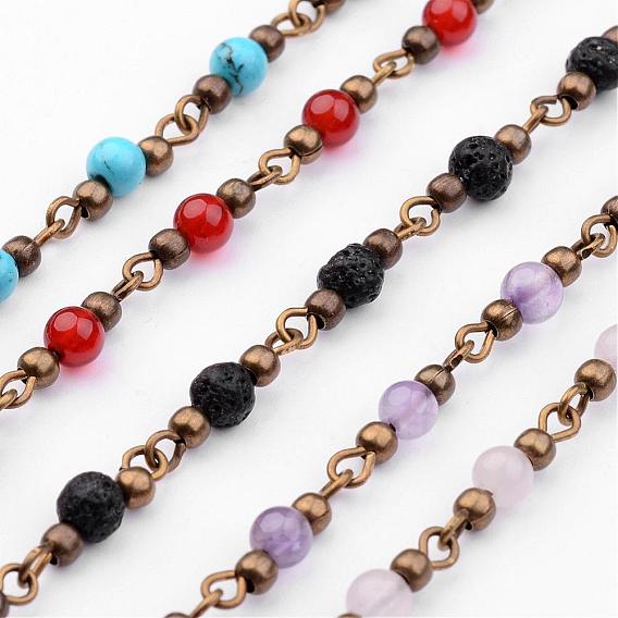 Handmade Round Gemstone Beads Chains for Necklaces Bracelets Making, with Iron Eye Pin, Unwelded and  Brass Spacer Beads, Antique Bronze