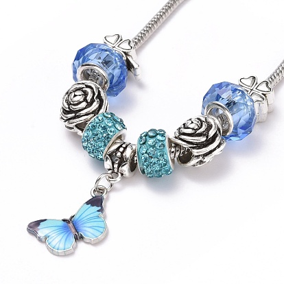 Laiton bracelets européens, avec perles strass argile polymère , perles de verre et d'alliage, pendentifs en alliage imprimés, papillon
