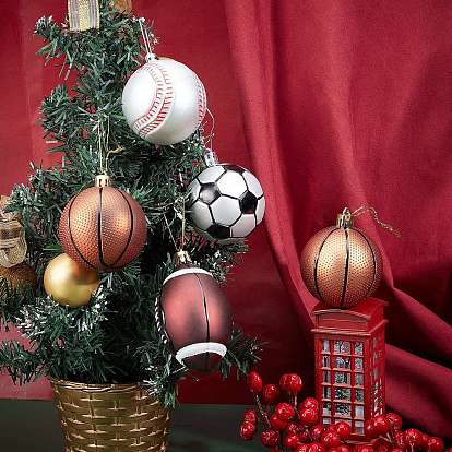 CHGCRAFT 6Pcs Football & Basketball & Baseball & Rugby Plastic Christmas Ball Pendants, with Cyprian Gold Thread, for Party Christmas Tree Ornaments Decoration