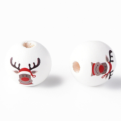 Painted Natural Wood Beads, Christmas Style, Round with Elk