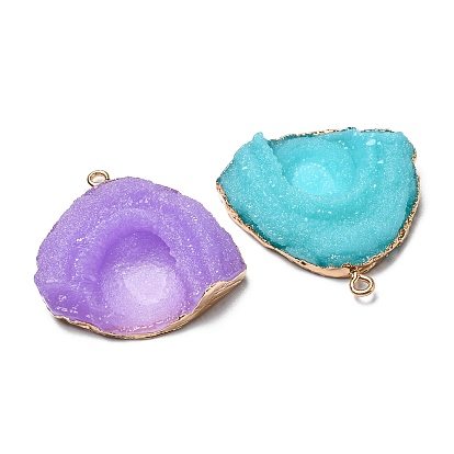 Druzy Resin Pendants, Triangle Charms, with Light Gold Plated Brass & Iron Findings