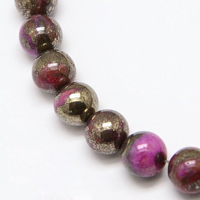 Electroplate Gemstone Natural Pyrite Round Beads Strands, Dyed