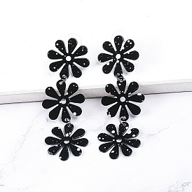 Bold Polka Dot Metal Earrings with Three Flower Pendants for Women