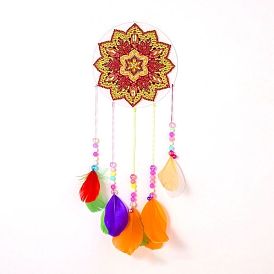 DIY Diamond Painting Hanging Woven Net/Web with Feather Pendant Kits, Including Acrylic Plate, Pen, Tray, Bells and Random Color Feather, Wind Chime Crafts for Home Decor