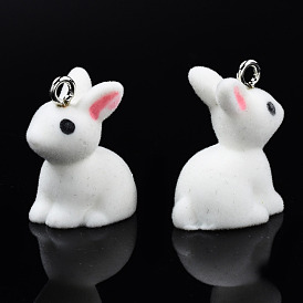 Pendentifs en résine floquée, avec boucles en fer plaqué platine, lapin