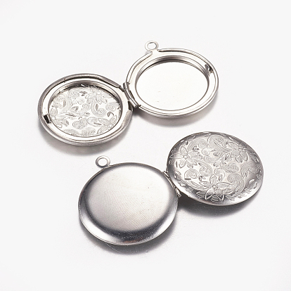 316 Stainless Steel Locket Pendants, Photo Frame Charms for Necklaces, Flat Round with Flower