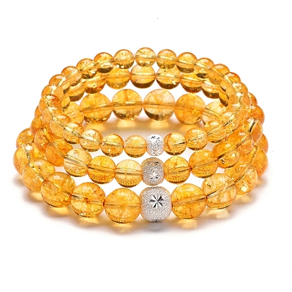 Natural Citrine Round Beaded Stretch Bracelets, 925 Sterling Silver Flower Bracelet