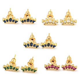 Real 18K Gold Plated Brass Stud Earrings, with Cubic Zirconia