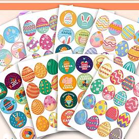 16 Sheets 8 Styles Paper Easter Stickers, Adhesive Labels Stickers, Gift Tag, for Envelopes, Party, Presents Decoration, Flat Round with Easter Egg & Word Pattern