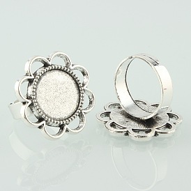 Vintage Adjustable Iron Finger Ring Components Alloy Flower Cabochon Bezel Settings, Cadmium Free & Lead Free, Flat Round Tray: 14mm, 17mm