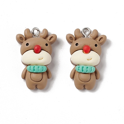 Christmas Theme Opaque Resin Pendants, with Platinum Tone Iron Findings, Reindeer/Stag