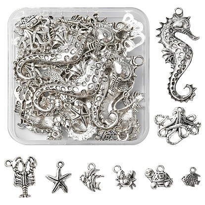 48Pcs 8 Style Marine Animal Theme Tibetan Style Alloy Pendants, Cadmium Free & Lead Free, Mixed Shape