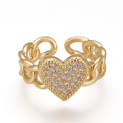 Latón micro pavé claro anillos de brazalete de circonio cúbico, anillos abiertos, larga duración plateado, corazón, forma de cadena de bordillo