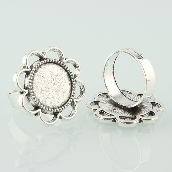 Vintage Adjustable Iron Finger Ring Components Alloy Flower Cabochon Bezel Settings, Cadmium Free & Lead Free, Flat Round Tray: 14mm, 17mm