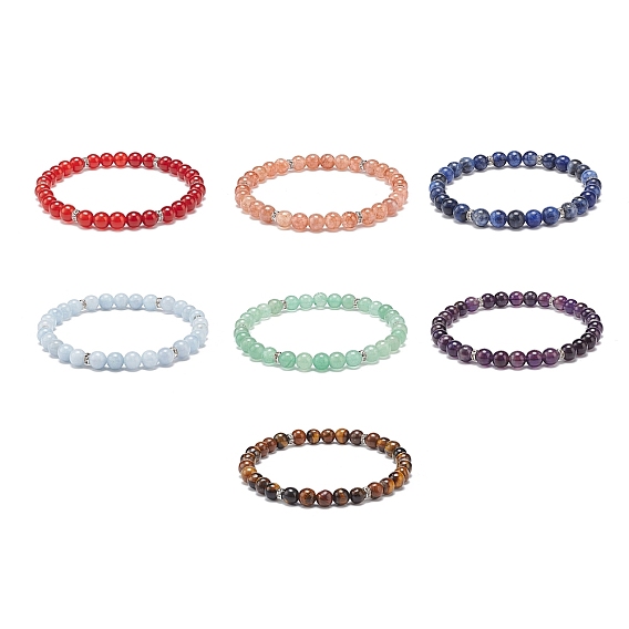 7Pcs 7 Style Natural Mixed Gemstone Round Beaded Stretch Bracelets Set, Chakra Yoga Theme Stackable Bracelets for Women