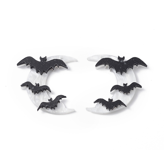 Opaque Acrylic Pendants, Moon with Bats Charms, Halloween Theme