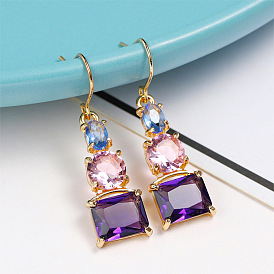 Fashionable Amethyst Topaz Earrings - Elegant, Colorful, Gold-plated, Square Zirconia Dangles for Women.