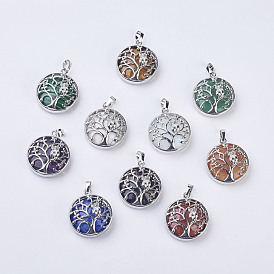 Gemstone Pendants, with Brass Findings, Flat Round with Tree of Life, Platinum