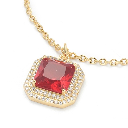 Brass Micro Pave Cubic Zirconia Pendant Necklaces, with Rhinestone and 304 Stainless Steel Cable Chains, Square Octagon, Golden
