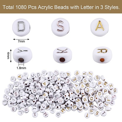 1080pcs 3 Colors Plating Acrylic Beads, Metal Enlaced, Mixed Letters, Flat Round