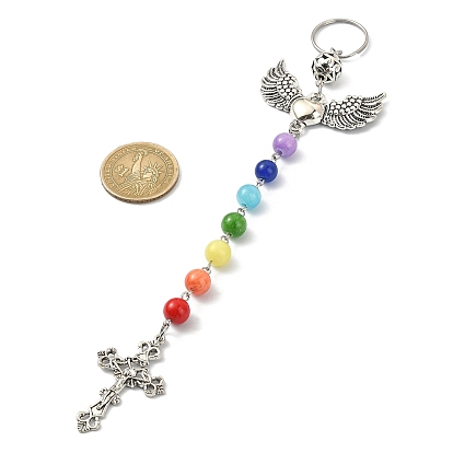 Cross/Heart/Aangel/Wing Alloy Pendant Keychains, with 7 Chakra Gemstone Beads for Women Bag Car Key Pendant Decoration