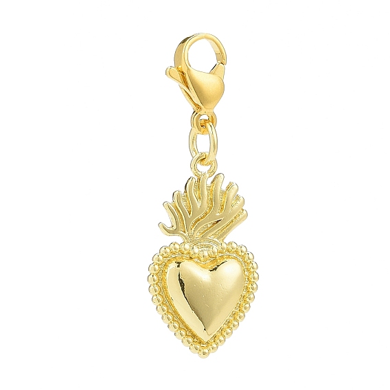 Sacred Heart Brass Pendants Decoations, 304 Stainless Steel Lobster Claw Clasps Charm for Keychain