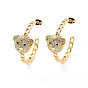 Cubic Zirconia C-shape with Bear Stud Earrings, Brass Half Hoop Earrings for Women, Cadmium Free & Lead Free
