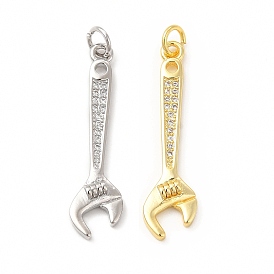 Rack Plating Brass Micro Pave Cubic Zirconia Tool Pendants, Cadmium Free & Lead Free, Wrench Charm, with Jump Ring