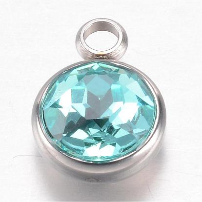 304 Stainless Steel Glass Rhinestone Charms, Faceted, Flat Round