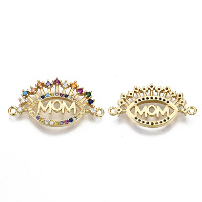 Brass Micro Pave Colorful Cubic Zirconia Links Connectors, for Mother's Day, Cadmium Free & Nickel Free & Lead Free, Eye with Mom