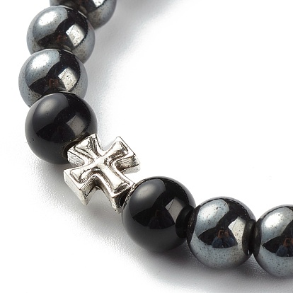 Obsidienne naturelle et perles rondes en hématite synthétique non magnétique bracelet extensible énergétique pour hommes femmes, bracelet en alliage croix