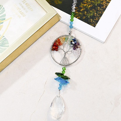 Tree of Life Crystal Pendant Decorations, with Metal Findings, for Home, Garden Decoration