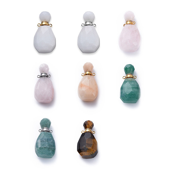 Pendentifs de bouteille de parfum ouvrants de pierres précieuses naturelles à facettes, avec 304 accessoires en acier inoxydable