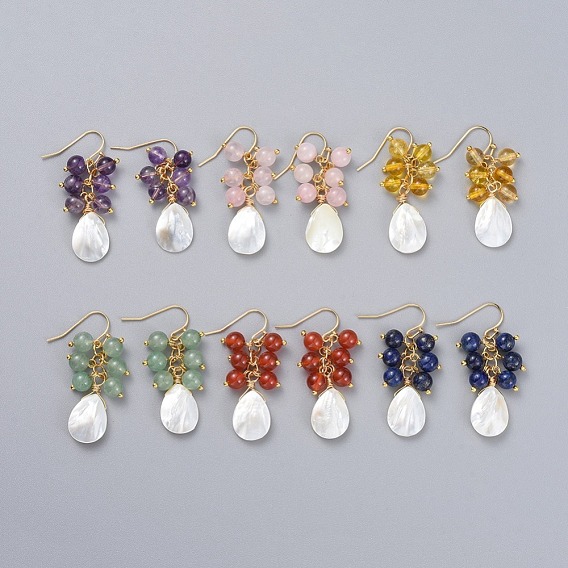 Natural Gemstone Dangle Earrings, with Natural Spiral Shell Beads, Real 18K Gold Plated Brass Earring Hooks and Copper Wire