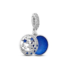 TINYSAND 925 Sterling Silver European Dangle Charm, with Enamel, Flat Round with Moon & Star, Platinum