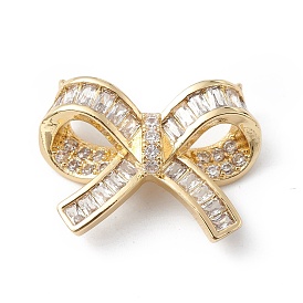 Bowknot Rack Plating Brass Micro Pave Clear Cubic Zirconia Connector Charms, Long-Lasting Plated, Cadmium Free & Lead Free