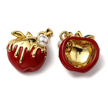 Rack Plating Brass Enamel Pendants, with Acrylic Imitation Pearl, Lead Free & Cadmium Free, Long-Lasting Real 18K Gold Plated, Apple Charm