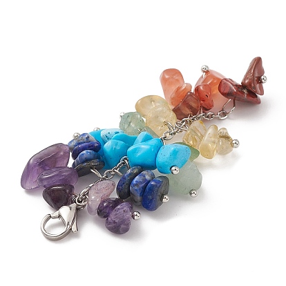 Décorations de pendentif en perles de puces de pierres précieuses mélangées naturelles et synthétiques chakra, 304 inox homard fermoirs pince