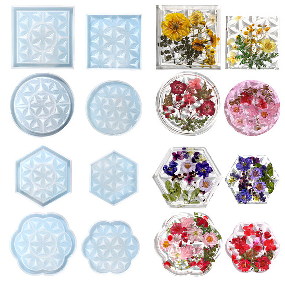 Vie de bricolage de moules en silicone de tapis de tasse texturés de fleurs, moules de dessous de verre en résine, pour la résine UV, fabrication artisanale de résine époxy, plat rond/hexagone/carré/forme de fleur